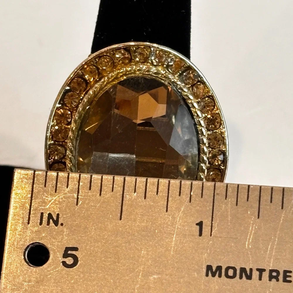 Gold Tone Amber Rhinestone Statement Cocktail Ring 7.75 Faceted Glass Bling Glam